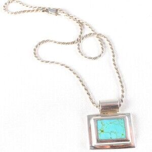 Turquoise 925 Sterling Silver Rectangle Pendant Necklace 15.76g Vintage Mexico